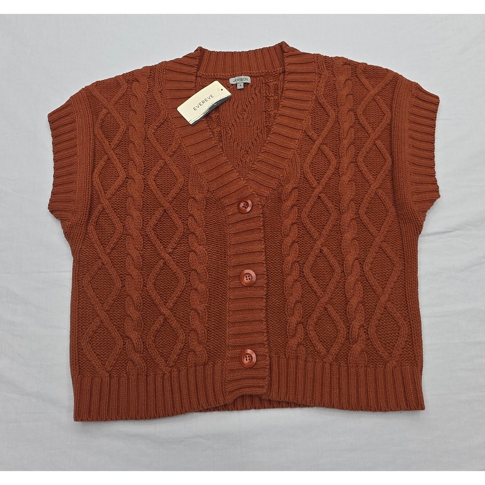 Jamison Kaia Cable Button Down Vest Rust Orange Knit Sweater Women Small NEW
